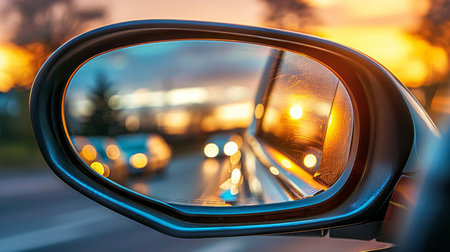 Evening traffic jam  cars with headlights queue in rearview mirror during rush hourの素材