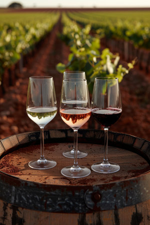 Assortment of white, rose, and red wines displayed on wooden barrel in picturesque vineyard settingの素材