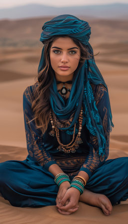 Minimalist editorial portrait of woman in headscarf in desert for new clothing collectionの素材