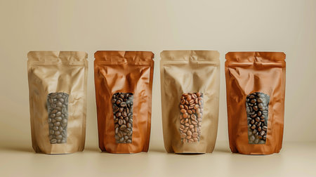 Luxurious coffee brand  elegant paper bag mockup with brown packaging, label, and dark coffee beansの素材