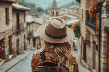 Solo traveler exploring old town streets in spain  young backpacker tourist on vacation adventureの素材