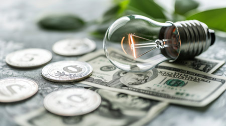 Renewable energy concept  light bulb with green plants for sustainable consumption and cost savingsの素材