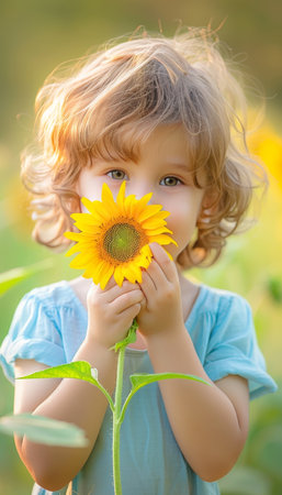 Child peeking behind sunflower in sunny field with ample space for text placementの素材