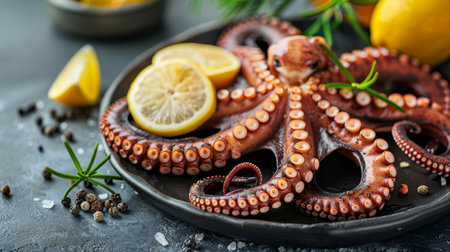 Exquisite traditional mediterranean grilled octopus dish presented on a sophisticated black plateの素材