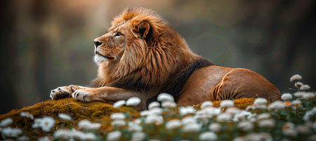 Majestic male lion in savannah at sunset, the king of the wilderness, powerful and regalの素材