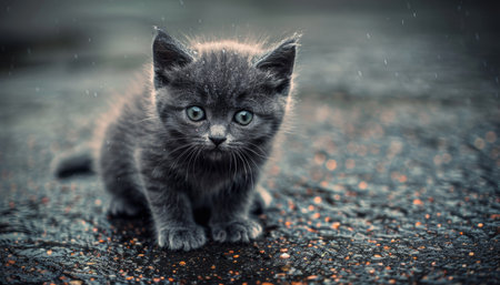 Lonely stray kitten sheltering in rain soaked street  urgent call for pet adoption and rescue aidの素材