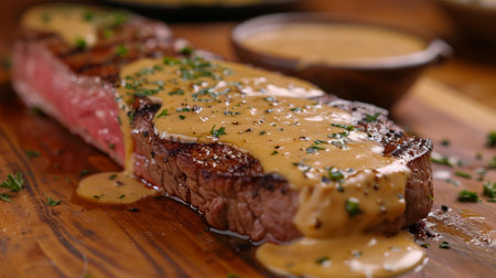 Chef cooking grilled steak in creamy butter lemon or spicy cajun sauce with herbs and garnishの素材