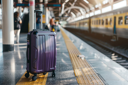 Travel suitcase placed by the entrance of a busy train station, ready for departureの素材