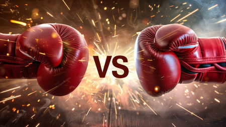 Wide poster of iconic boxing match with vs letters for dramatic versus in the centerの素材