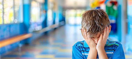Teenage boy crying in school corridor, blurred background, space for text, educational strugglesの素材