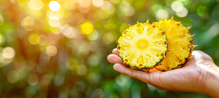 Hand holding pineapple slice with selection on blurred background, copy space availableの素材