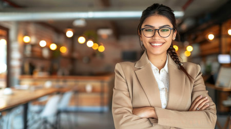 Confident businesswoman smiling in professional attire on blurred background with copy spaceの素材