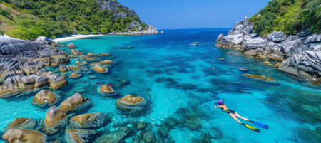 Solo female enjoying snorkeling in crystal clear ocean at secluded paradise islandの素材