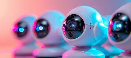 White security cameras with holographic accents on pastel background, professional banner designの素材