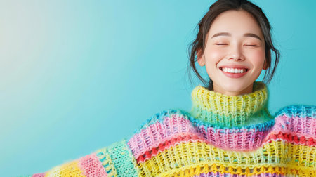 Empowered woman dancing with confidence on soft pastel background with space for textの素材