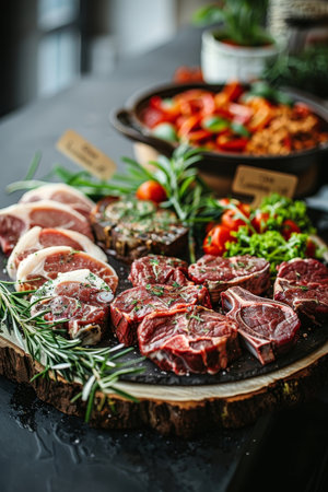 Butcher shop meat cuts display on wooden tray with empty price tags for copy space, wide bannerの素材