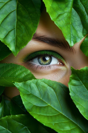 Close up portrait of a woman s eye peering through lush green foliage and vibrant flowersの素材