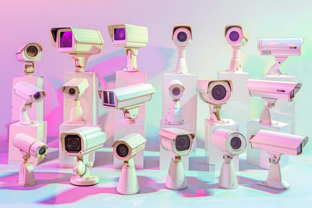 Sleek white security cameras with holographic accents on pastel background for professional conceptsの素材