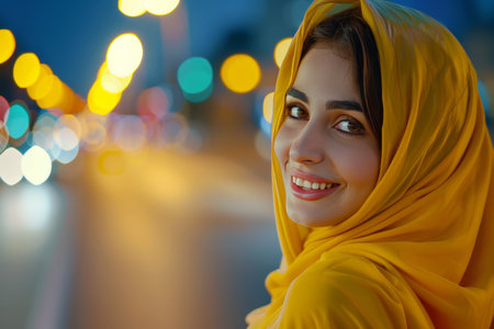 Stylish woman in turban walking in city, promoting diversity and middle eastern wellnessの素材
