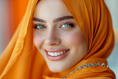 Colorful hijab fashion shoot for trendy muslim women, modern modest style in vibrant wide bannerの素材