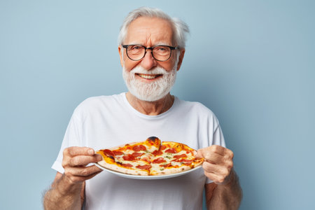 Elderly man relishing pizza on soft pastel background, leaving space for text placementの素材