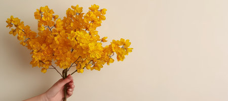 Minimalist white backdrop with spring bouquet, blurred effect, and generous text spaceの素材