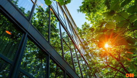 Sustainable glass office building with tree in modern eco friendly urban settingの素材