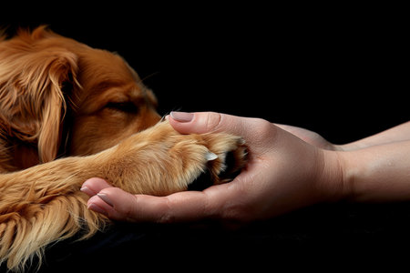 Heartwarming connection  human hand and dog paw touch in a gesture of love and friendshipの素材