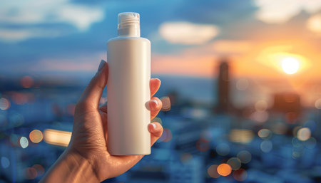 Woman s hand holding sunblock cream bottle for uv protection on blurred background with copy spaceの素材