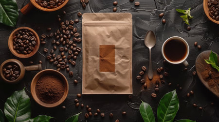 Luxurious coffee brand  elegant paper bag mockup with brown packaging and label, dark coffee beansの素材
