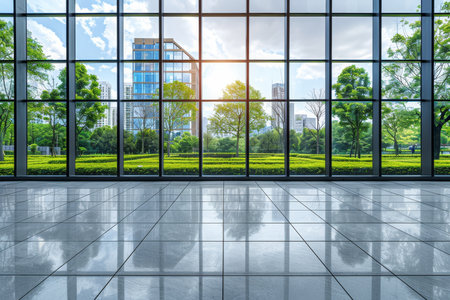 Blurred glass wall of modern office building provides ideal backdrop for corporate concept imageryの素材