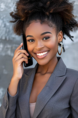 Smiling businesswoman in office discussing work details on a phone call with a colleagueの素材