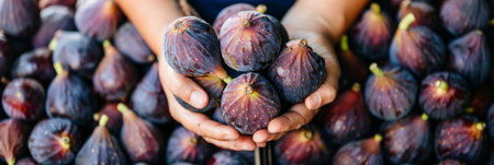 Hand holding ripe fig, selective focus on blurred background with copy space for text placementの素材