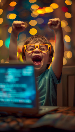 Happy young business child celebrating success in front of laptop screen with arms raisedの素材