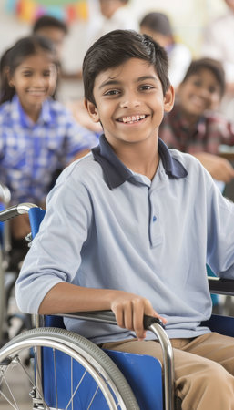 Disabled student in wheelchair actively participating in educational activities inside a classroomの素材
