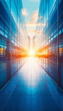 Blurred glass wall of modern office building in business center for corporate business conceptの素材