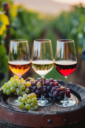 Variety of wine glasses arranged on an old rustic wooden barrel in picturesque vineyard landscapeの素材