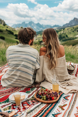 Romantic outdoor picnic in the dolomites, italy, surrounded by lush greenery under a serene blue skyの素材