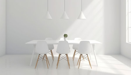 Scandinavian minimalist dining room with white walls, wooden furniture, plants around modern tableの素材