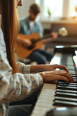 Woman playing piano with man on guitar in music studio, ideal for text placementの素材