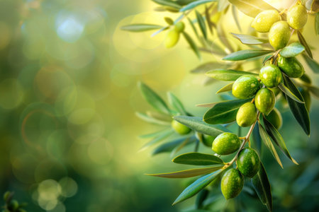 Close up of ripe green olives on olive tree branch in sunny spain, mediterranean harvest sceneの素材