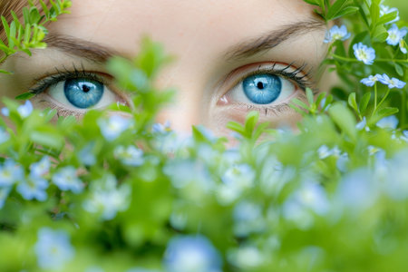 Intense gaze of a woman s eye among lush green foliage and colorful blooming flowersの素材