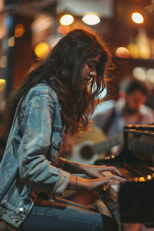 Female pianist and male guitarist performing in music studio with blurred backgroundの素材