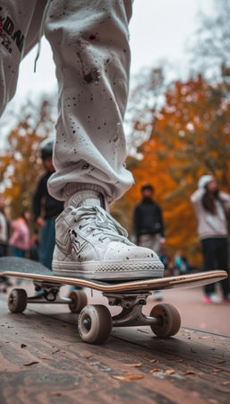 Teenager s foot on skateboard with blurred street crowd in the background, urban sceneの素材