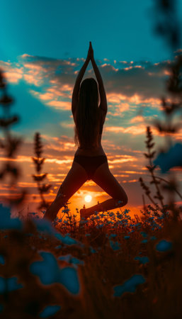 Female yoga practitioner in tree pose at sunset in a tranquil and serene open fieldの素材