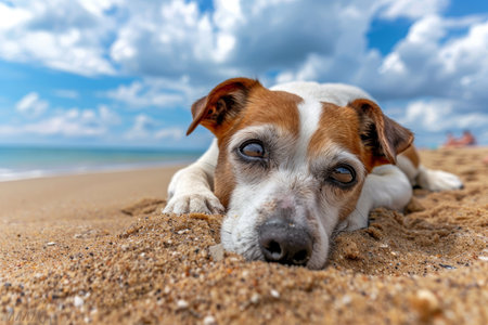Pedigree puppy enjoying relaxation on sandy beach with scenic ocean view during summer vacationの素材
