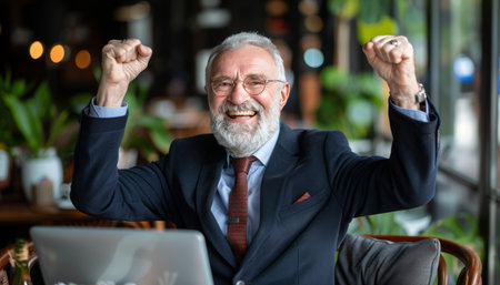 Senior business professional celebrates success in front of laptop with arms raised in triumphの素材