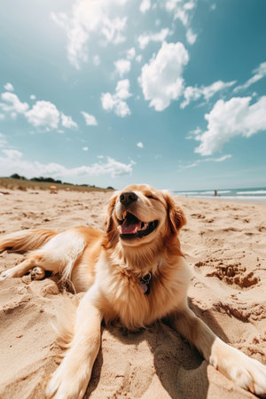 Adorable pedigree puppy relaxing on sandy beach with ocean shore in the backgroundの素材