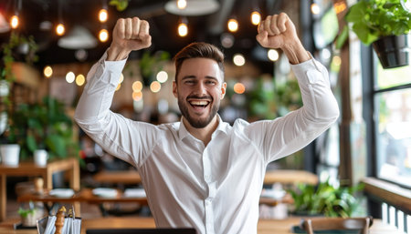 Young businessman celebrating success in front of laptop with arms raised in joyの素材