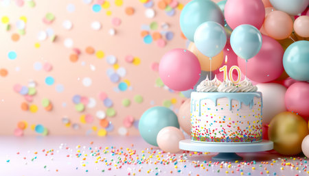 Celebratory cake with 10 candle, balloons, and decorations for milestone event on blurred backgroundの素材